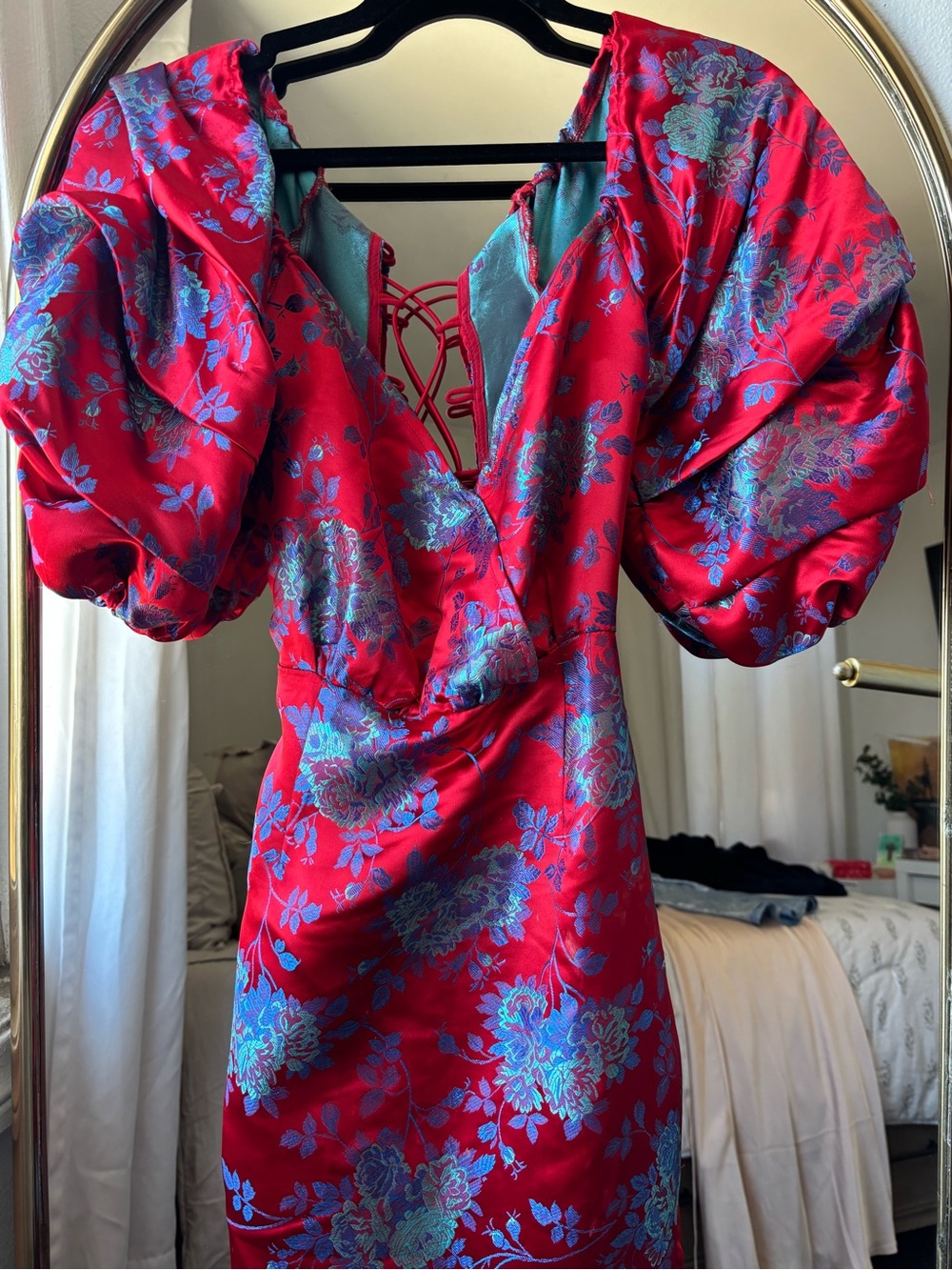 PrettyLittleThing Red Satin Floral Midi Dress with Puff Sleeves and Lace-Up Back